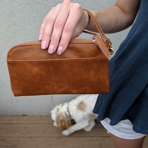 Madison West Vegan Leather Cognac Wristlet